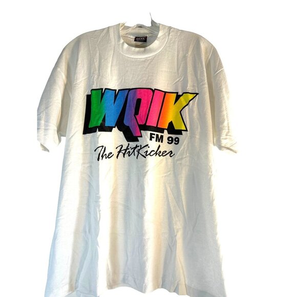 Vintage Fruit of the Loom Mens Graphic T-Shirt WQIK FM 99 White Multi Size XL Co - Picture 1 of 5